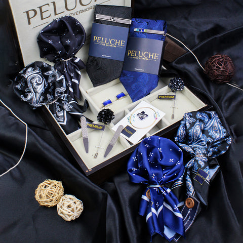 Peluche Paisley Black & Blue 13 Pcs Uber Luxury Gift Box (2 Neckties, 2 Tiepins, 2 Brooches, 1 Lapel Pin, 4 Pocket Squares, 1 Pair of Cufflinks, 1 Pair of Collar Stays)