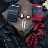 Peluche Striped Black & Maroon 10 Pcs Premium Gift Box (2 Neckties, 2 Tiepins, 2 Brooches, 2 Pocket Squares, 1 Pair of Cufflinks, 1 Pair of Collar Stays)